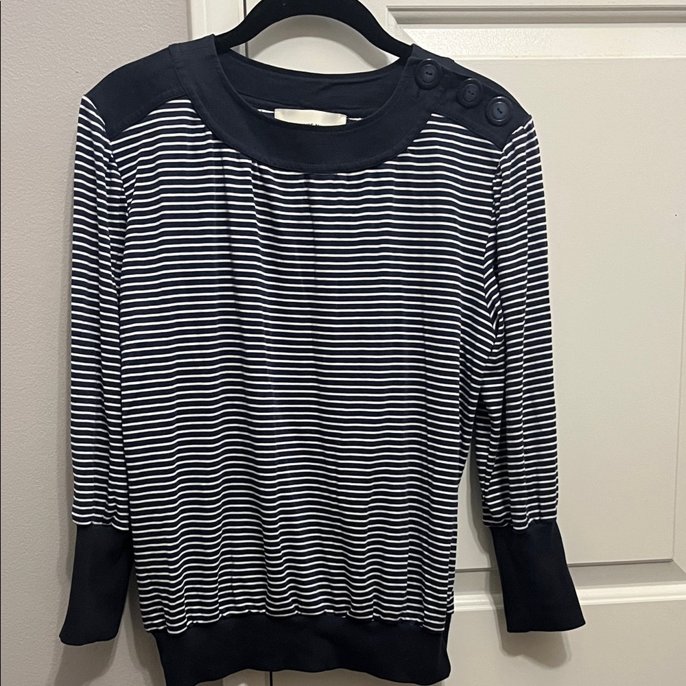 Striped Blue and White Button-Shoulder Top